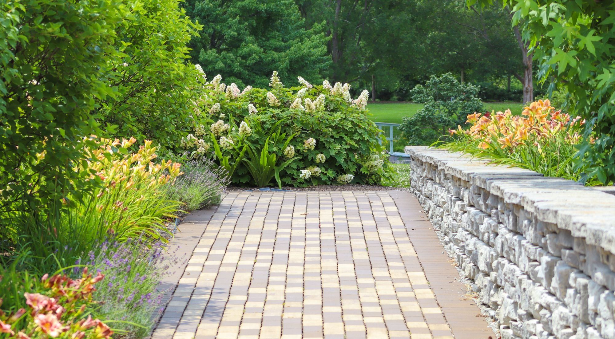 A block-paved garden path running beside a dry stone wall and colourful planting